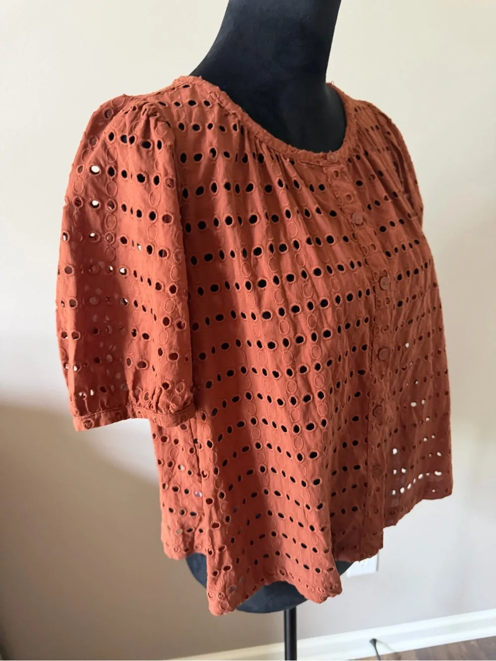 LOFT Brown Eyelet Button-Front Short Sleeve Blouse Small